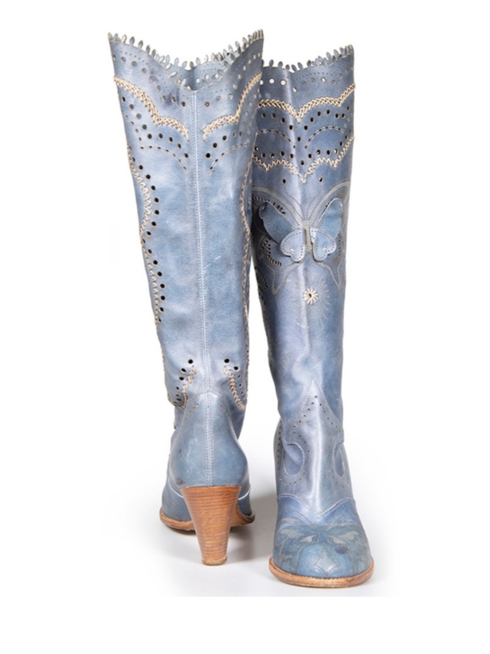 Anna Sui Blue Leather Butterfly Laser Cut Western Cowboy Boots Size 8 / 39